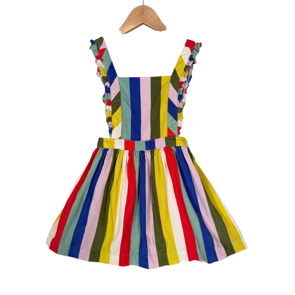 Mini Boden Corduroy Pinafore Dress 3-4Y Multi Color Stripe Ruffle Rainbow